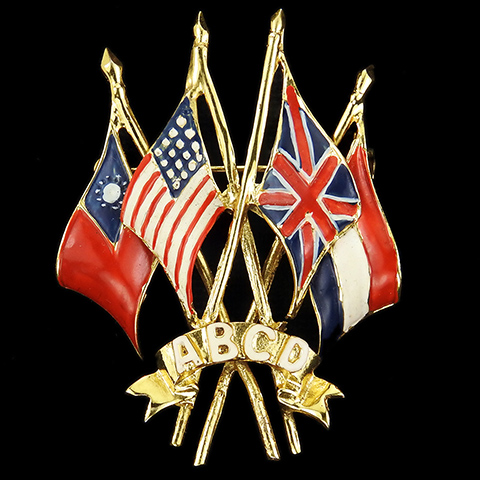 Corocraft Sterling WW2 US Patriotic ABCD Alliance (America, Britain, China, Dutch East Indies) Four Flags Pin