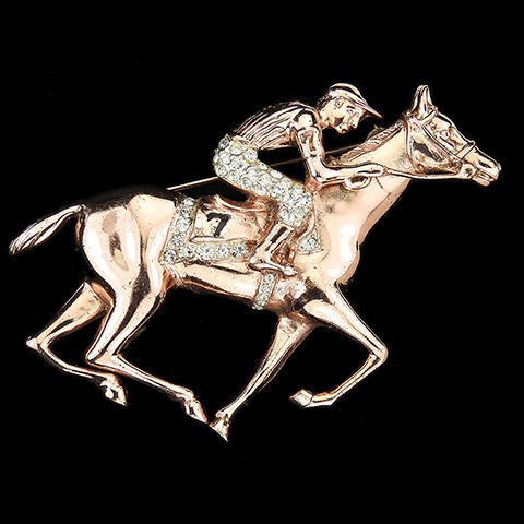 Corocraft Sterling Gold and Pave Racehorse Lucky No 7 with Crouching Racing Jockey Horse Pin