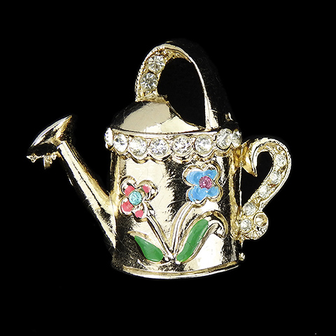 Coro Gold and Enamel Flower Gardening Watering Can Pin