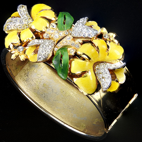 Coro Golden Bangle Bracelet Dress Clips Holder with Two Pave and Enamel Yellow Lotus Flower Dress Clips