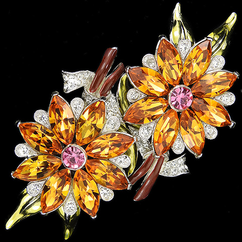Coro Pave and Metallic Enamel Marquise Cut Citrines and Pink Topaz Star Flowers and Leaves Dress Clip Duette
