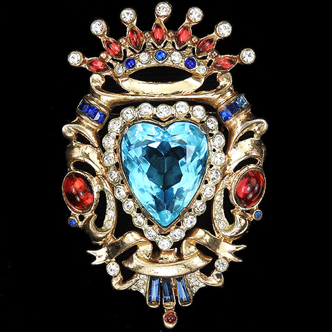 Corocraft Sterling 'Gene Verrecchio' Crown and Heart Shaped Aquamarine Shield Pin
