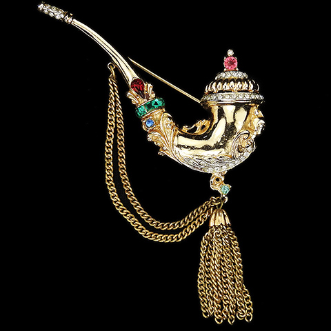 Coro Gold Pave and Multicolour Stones Chinese Smoking Pipe with Chains and Tassels Pin