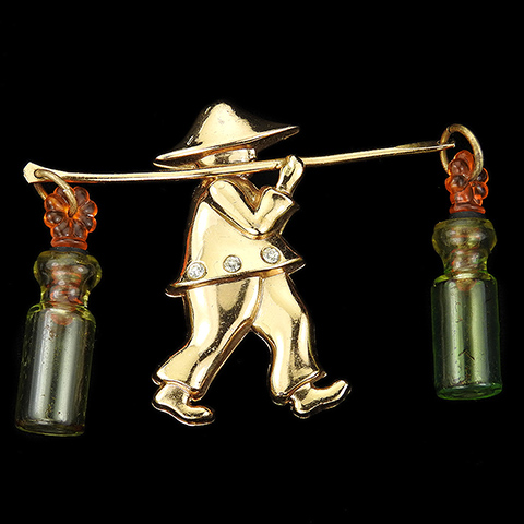 Coro Gold Chinese Man Water Carrier Carrying Two Perfume Bottles Pin
