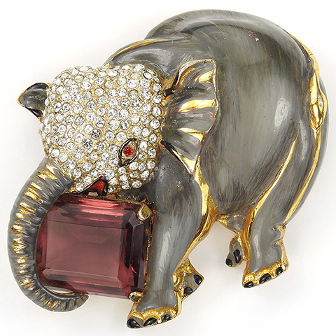 Corocraft Sterling Pave and Enamel Elephant with a Table Cut Amethyst in his Trunk Pin