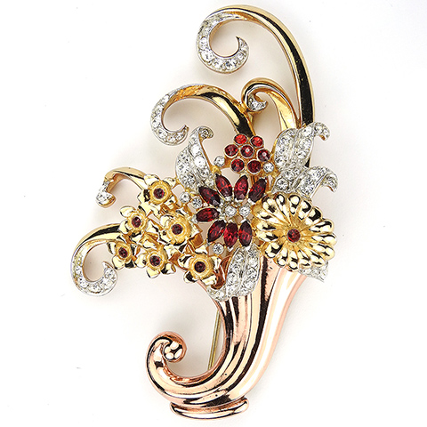 Coro Two Colour Gold Pave and Rubies 'Flower Filled Cornucopia' Floral Spray Pin