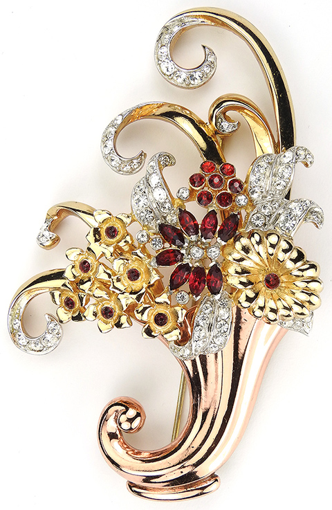 Coro Two Colour Gold Pave and Rubies 'Flower Filled Cornucopia' Floral ...