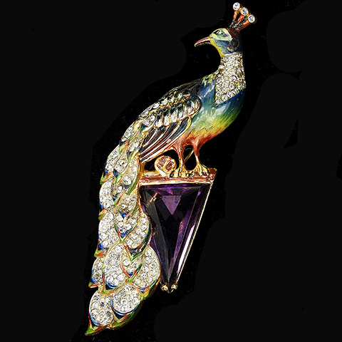 Corocraft Sterling Gold Pave and Enamel Giant Peacock on a Triangle Cut Amethyst Pin Clip