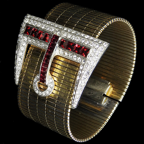 Coro Gold Pave and Invisibly Set Rubies Articulated Belt Buckle Bracelet