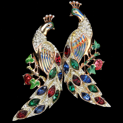 Corocraft Sterling Gold Pave Multicolour Stones and Enamel Peacocks on Branches Bird Pin Clip Duette