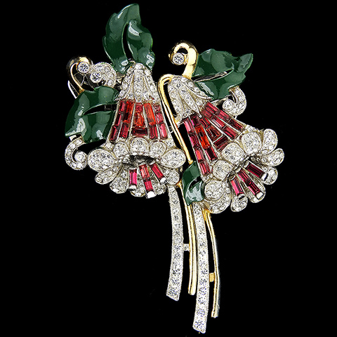 Coro Gold Pave Invisibly Set Rubies and Green Enamel Leaves Double Trembler Bell Flowers Dress Clip Duette