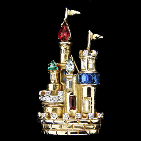 Corocraft Gold Pave and Muticolour Jewels Small Fantasy Castle with Turrets and Flags Pin