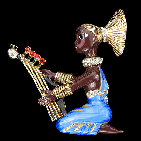 Corocraft Sterling Blackamoor African Lady Playing a Harp Pin