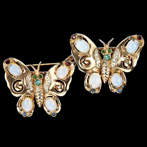 Coro Sterling 'Jeweled Butterflies' Gold Ruby Peridot and Sapphire Moonstone Butterfly Duette