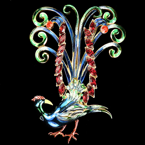 Coro (unsigned) Metallic Enamel and Rubies 'Preening Bird of Paradise' Pin