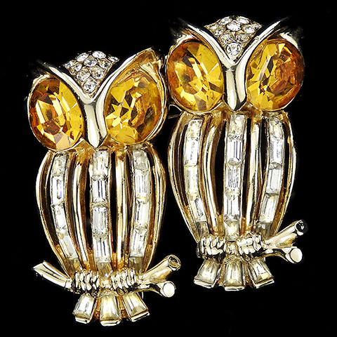 Corocraft Gold Citrines and Diamante Baguettes Pair of Owls (missing branch) Pin Clip Birds Duette