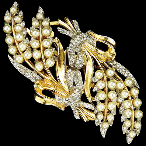 Coro 'Adolph Katz' Gold Pave and Pearls Floral Sprays Flowers and Bows Dress Clip Duette