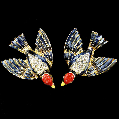 Corocraft Sterling Gold Pave and Enamel Flying Lovebirds Bird Screwback Earrings