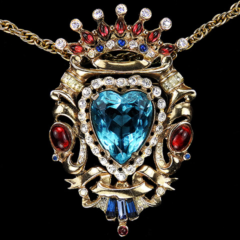 Corocraft Sterling 'Gene Verrecchio' Crown and Heart Shaped Aquamarine Shield Pin or Pendant Necklace