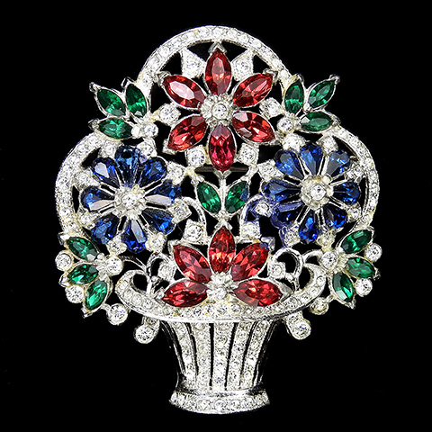 Coro Pave Tricolour Navettes and Black Enamel Jewels of India Style Flower Basket Pin