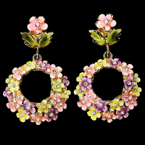 Coro Pastel Enamel Flowers in a Circlular Wreath Pendant Clip Earrings