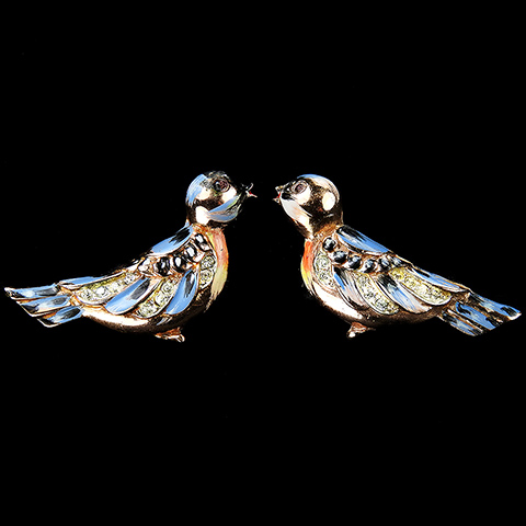 Coro Sterling Pave and Enamel Lovebirds 'Chickadees' Bird Screwback Earrings