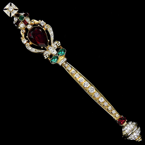 Corocraft Gold Pave Rubies and Emeralds Royal Sceptre Pin