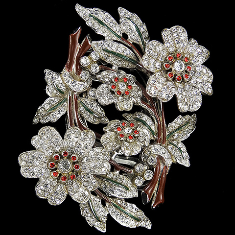 Coro Pave and Enamel Double Trembler Flower and Leaves Floral Spray Dress Clip Duette