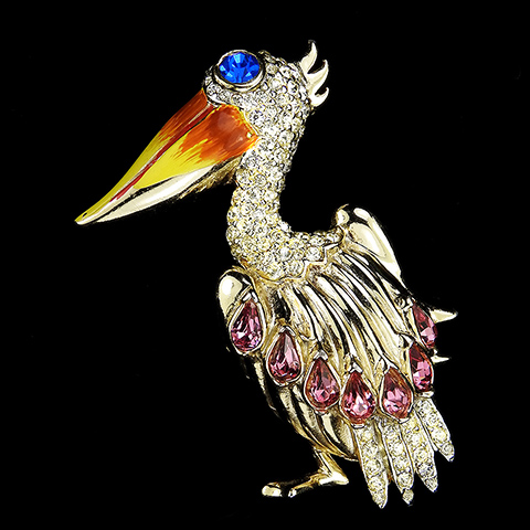 Coro Gold Pave Enamel and Amethysts Pelican Bird Pin