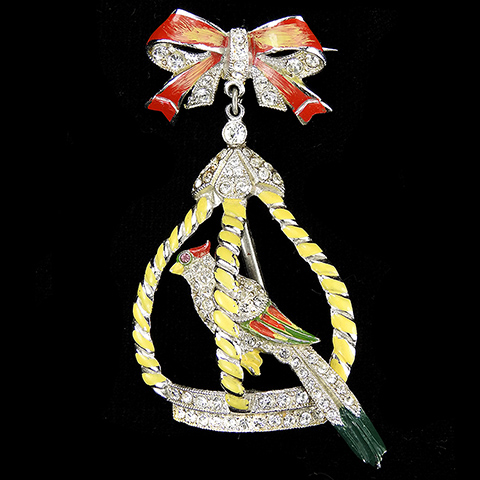 Coro (? unsigned) Pave and Enamel Bow with Trembler Parrot Bird in Pendant Cage Pin