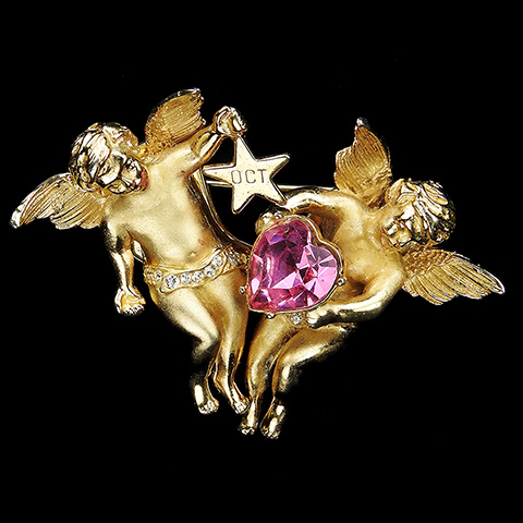 Coro Golden Cherubs with Rose Tourmaline (October) Birthstone 'Cherubin' Pin Clip Duette