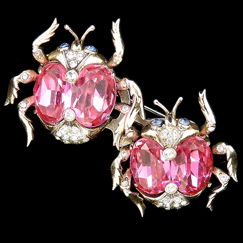 Coro Sterling Gold Pave and Pink Topaz Pair of Beetles Pin Clip Bug Duette