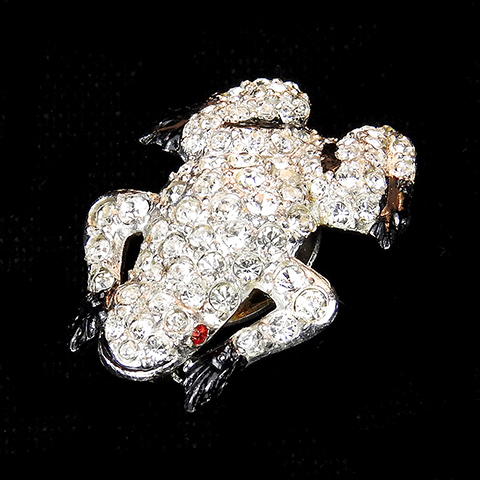 Coro Pave and Black Enamel Miniature Ruby Eyed Frog with Perfume Pad Pin