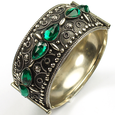 Italian Etruscan Style Black Enamel Silver and Emeralds Jewels of Fantasy Bangle Bracelet 