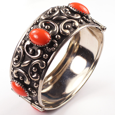 Italian Etruscan Style Silver and Coral Jewels of Fantasy Bangle Bracelet