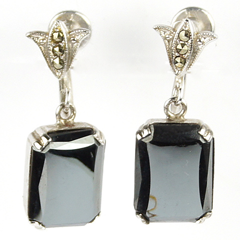 Uncas Mfg Deco Sterling Marcasites and Hematite Pendant Screwback Earrings