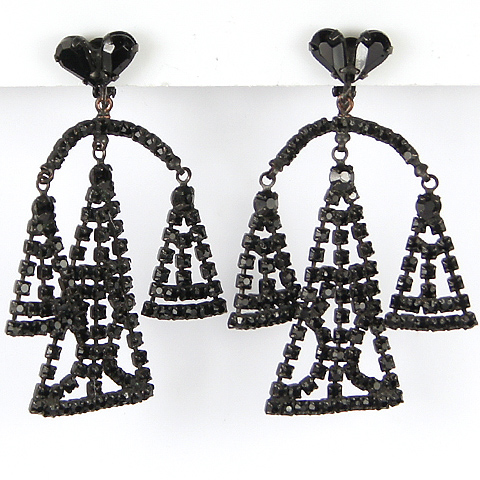 Weiss (unsigned) Onyx Triple Pendant Clip Earrings
