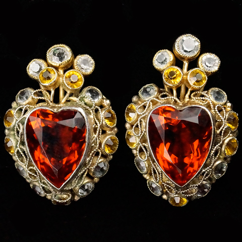 Hobe Sterling Gold Filigree Citrine and Diamante Stones and Topaz Heart Clip Earrings