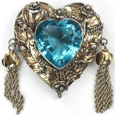 Hobe Sterling Gold and Aquamarine Heart with Two Golden Pendant Tassels Pin