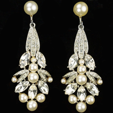 R. Mandle Diamante Navettes and Pearls Floral Pendant Clip Earrings