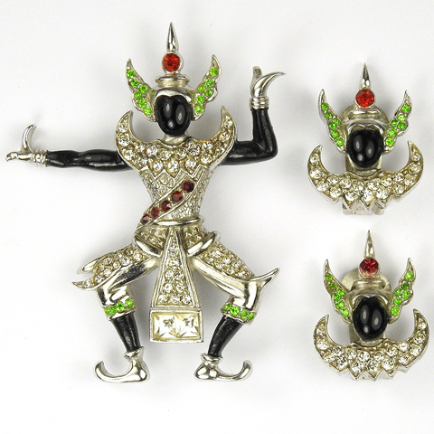 Urie Mandle Sterling Siamese or Cambodian Dancer Pin and Clip Earrings Set