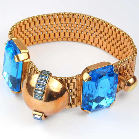 Zoe Coste Design Aquamarines and Blue Topaz Baguettes Retro Deco Golden Globe Bracelet