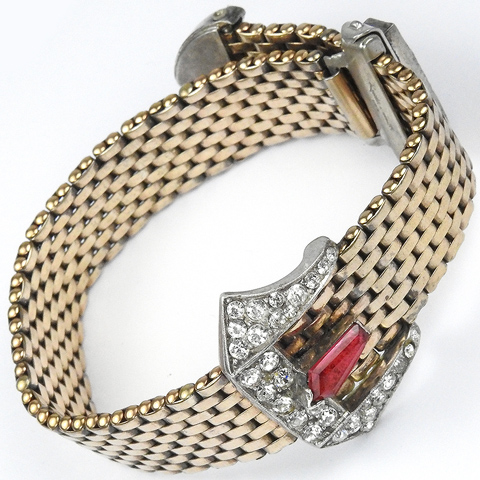Kreisler Gold Mesh Pave and Ruby Belt Buckle Bracelet