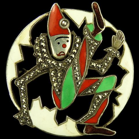 French Deco Sterling Marcasites and Lacloche Style Enamel Circus Clown Crashing Through a Paper Hoop Pin