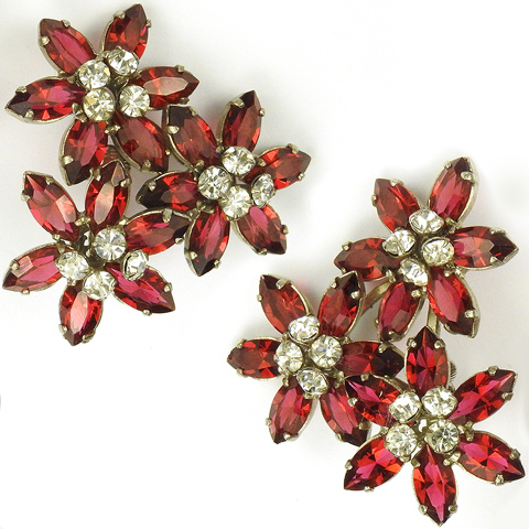 Roger Jean Pierre Made in France Spangled Triple Ruby Flowers Clip Earrings