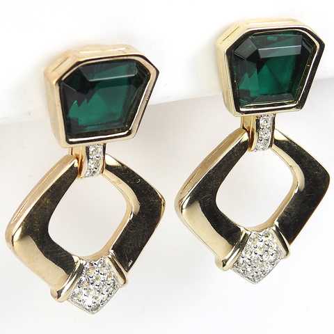 Panetta Gold Pave and Emerald Hexagons Pendant Clip Earrings