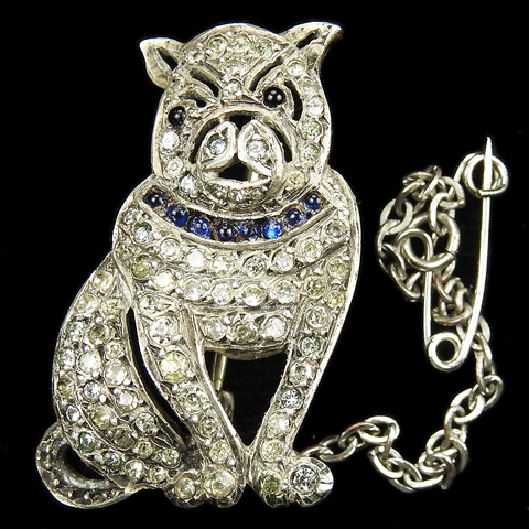 Deco Sterling Pave and Openwork French Bulldog with Sapphire Collar Pin
