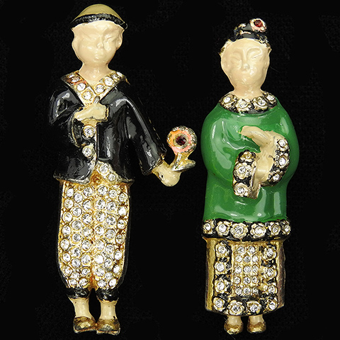 Walter Lampl Gold Pave and Enamel Chinese Gentleman presenting a Chinese Lady with a Flower Pair of Pin Clips