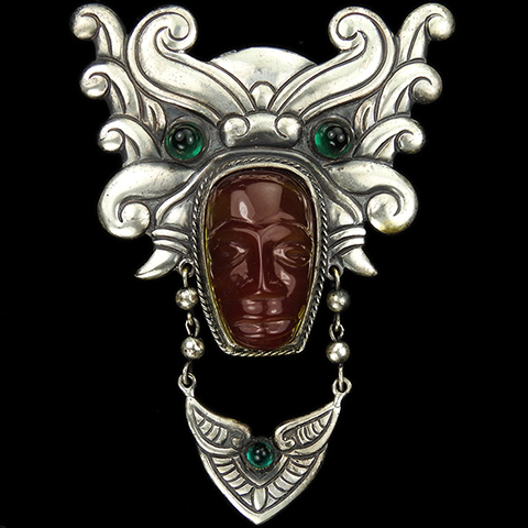 Fred Block Silver and Tinted Lucite Aztec Face Mask with Regal Headdress and Pendant Necklace Pin Clip