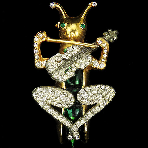 Castlecliff Gold Pave and Metallic Enamel Grasshopper Playing the Violin Pin
